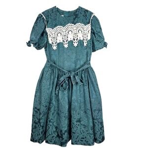 VTG Jessica McClintock Girls Dress Size 12 Green Brocade‎ Lace Trim Bow USA
